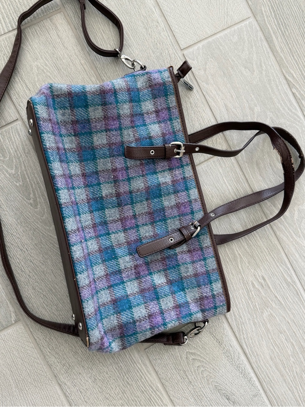 The Glen Appin Harris Tweed Classic Spey Tote Purple Teal Wool Bag GUC - Picture 5 of 14